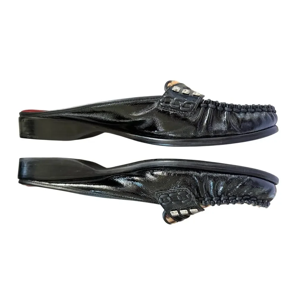 Brighton Black Leather & Leopard Pony Hair Silver Studded Loafer Slides